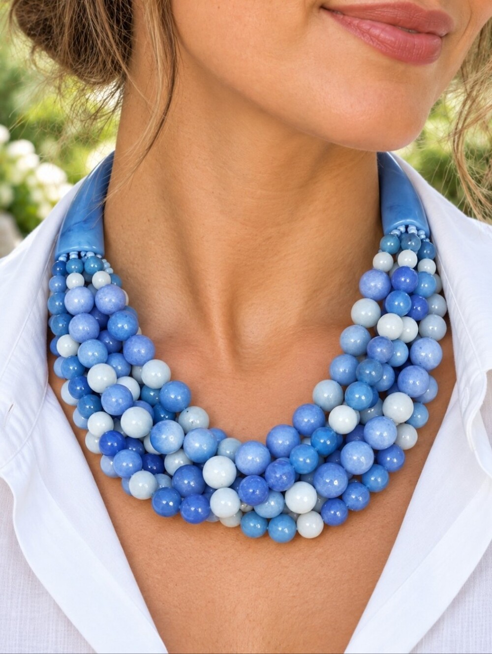 CHICO'S Lucite Chunky Blue Acrylic Round Beaded Beads Stone Silver Tone Vintage